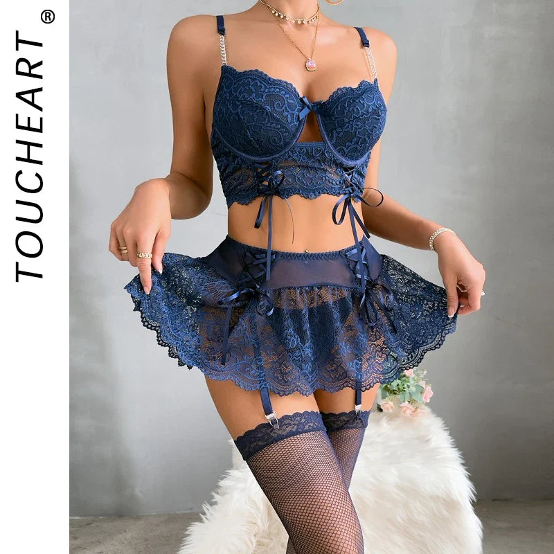 Toucheart Lingerie Suit Bow Knot Mesh Underwear Solid Color Mesh See-through Stockings Lingerie Set