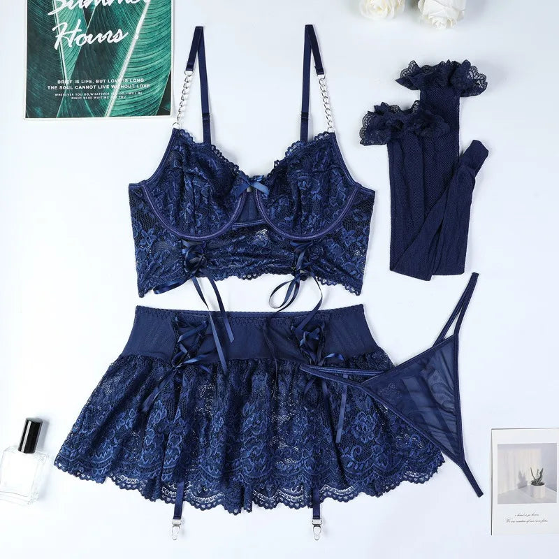 Toucheart Lingerie Suit Bow Knot Mesh Underwear Solid Color Mesh See-through Stockings Lingerie Set