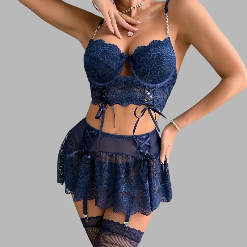 Toucheart Lingerie Suit Bow Knot Mesh Underwear Solid Color Mesh See-through Stockings Lingerie Set