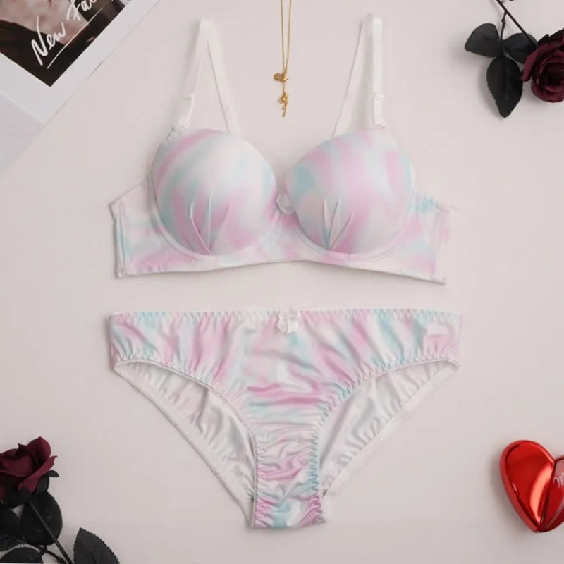 Toucheart Lingerie Suit Bow Knot Printing Underwear Bra Set Thin Cup Colorful Lingerie Suit