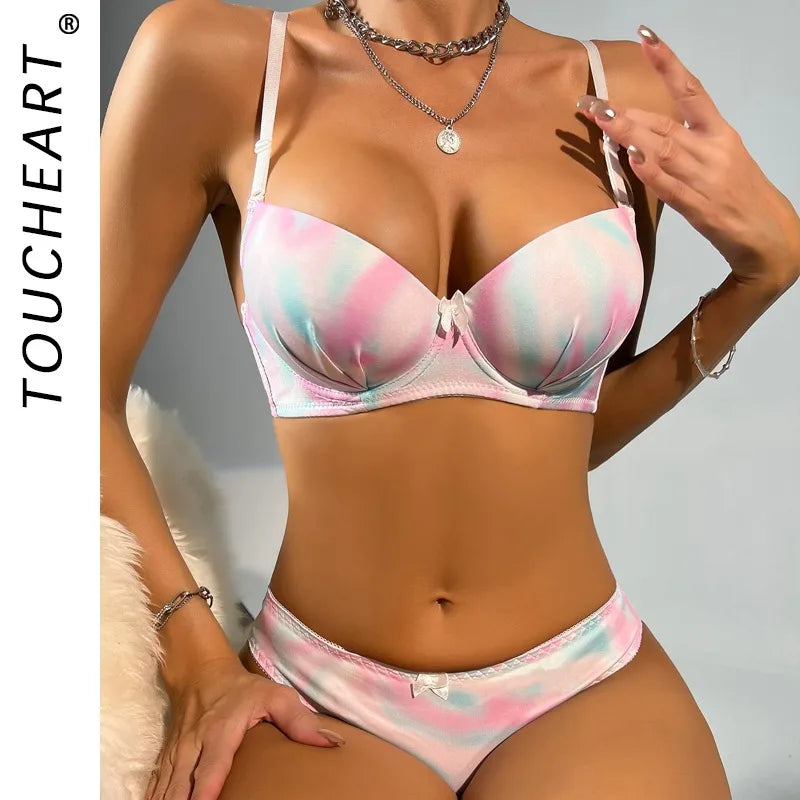 Toucheart Lingerie Suit Bow Knot Printing Underwear Bra Set Thin Cup Colorful Lingerie Suit
