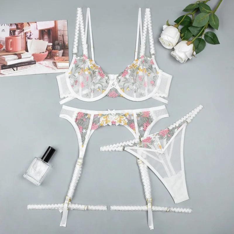 Toucheart Lingerie Suit Bow Knot Embroidery Underwear Suit Garters Underwear Suit