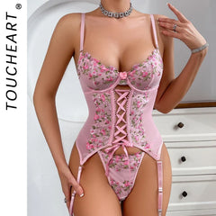 Toucheart Lingerie Suit Broken Flowers Lingerie Lace Up Embroidery Sling Underwear Garters Set