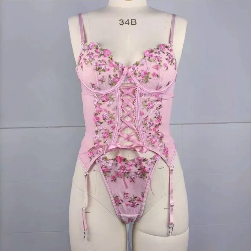 Toucheart Lingerie Suit Broken Flowers Lingerie Lace Up Embroidery Sling Underwear Garters Set