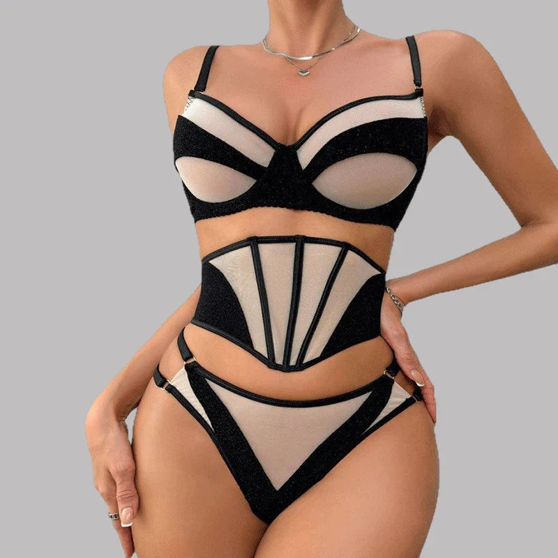 Toucheart Lingerie Suit Contrast Color Suit Mesh See-through Exotic Underwear 3-piece Set