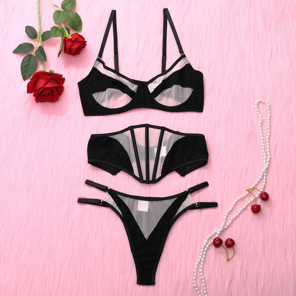 Toucheart Lingerie Suit Contrast Color Suit Mesh See-through Exotic Underwear 3-piece Set