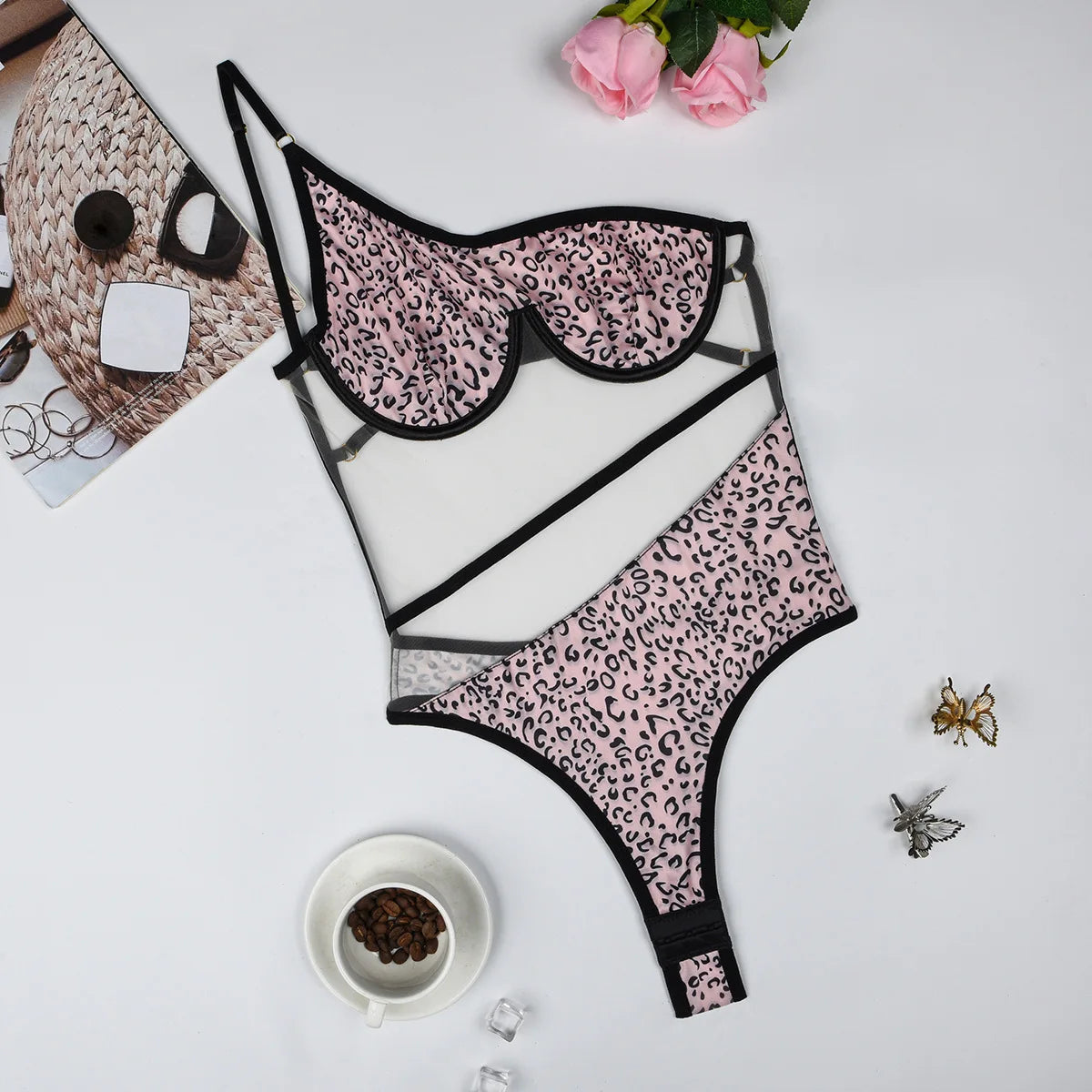 Toucheart Lingerie Suitable Leopard Print Mesh Connection Splicing Perspective Mesh Body Shaping Jumpsuit