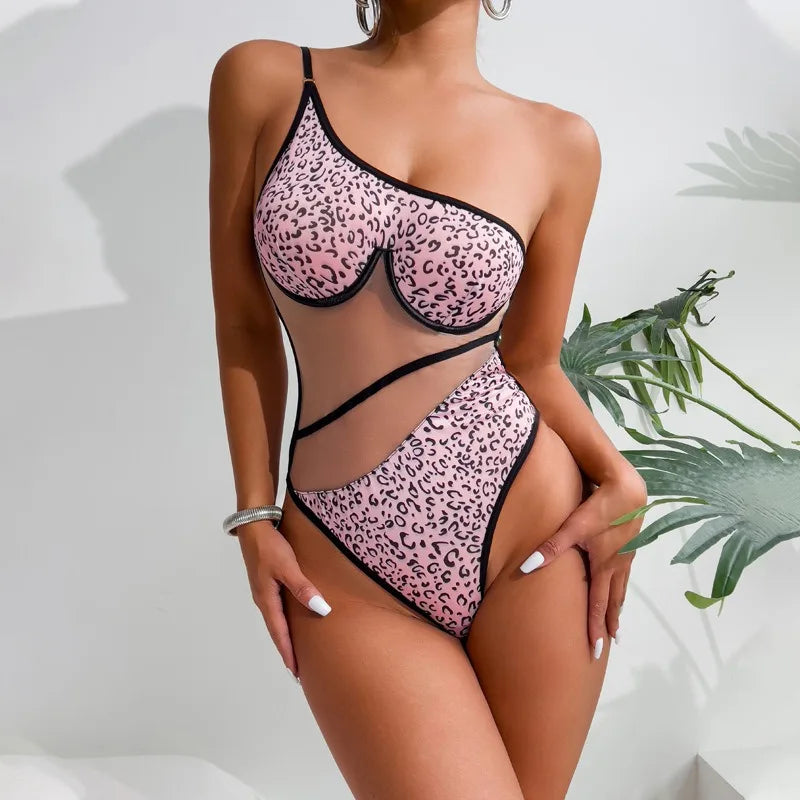 Toucheart Lingerie Suitable Leopard Print Mesh Connection Splicing Perspective Mesh Body Shaping Jumpsuit
