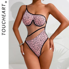 Toucheart Lingerie Suitable Leopard Print Mesh Connection Splicing Perspective Mesh Body Shaping Jumpsuit