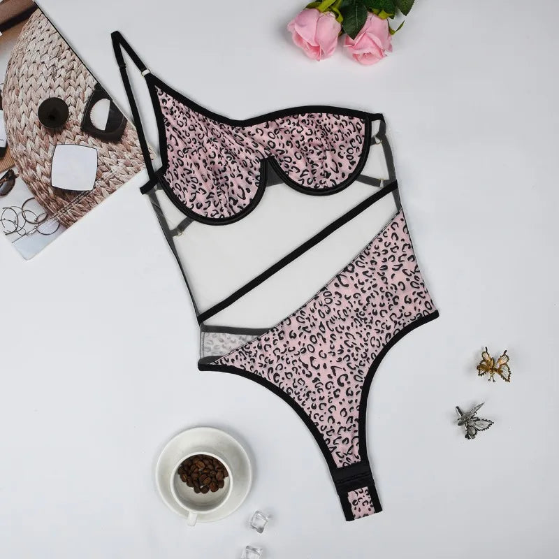 Toucheart Lingerie Suitable Leopard Print Mesh Connection Splicing Perspective Mesh Body Shaping Jumpsuit
