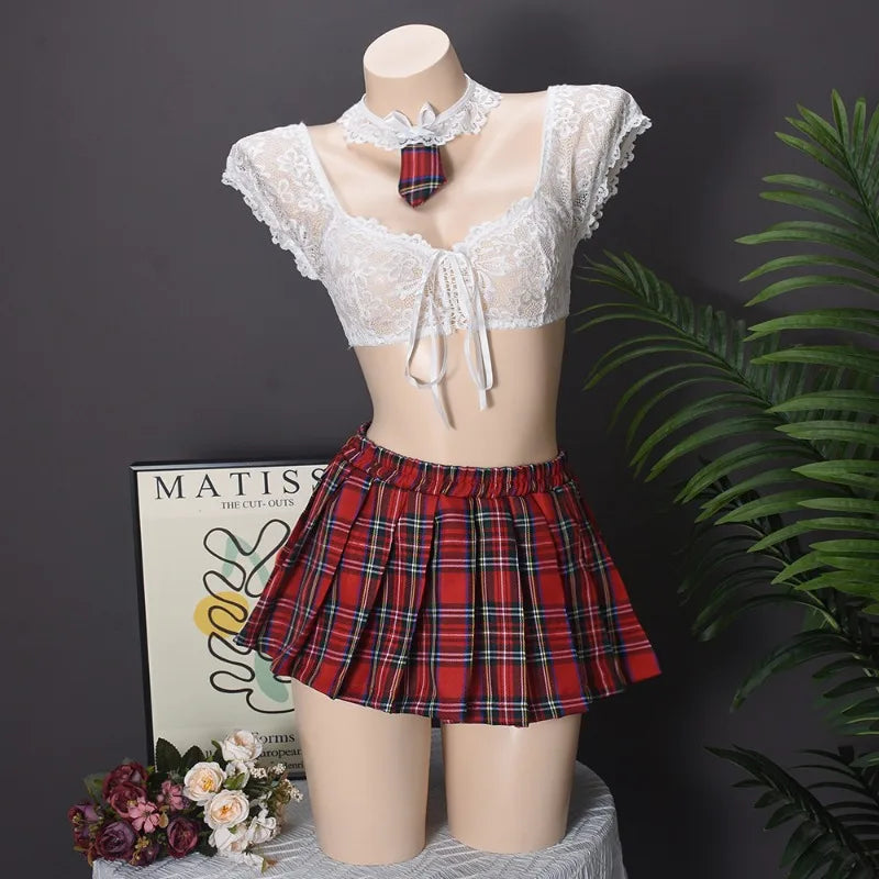 Toucheart Lingerie Suit Lace Mesh See-through Lace Up Top Plaid Pleated Skirt Halter Underwear Set