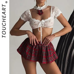 Toucheart Lingerie Suit Lace Mesh See-through Lace Up Top Plaid Pleated Skirt Halter Underwear Set