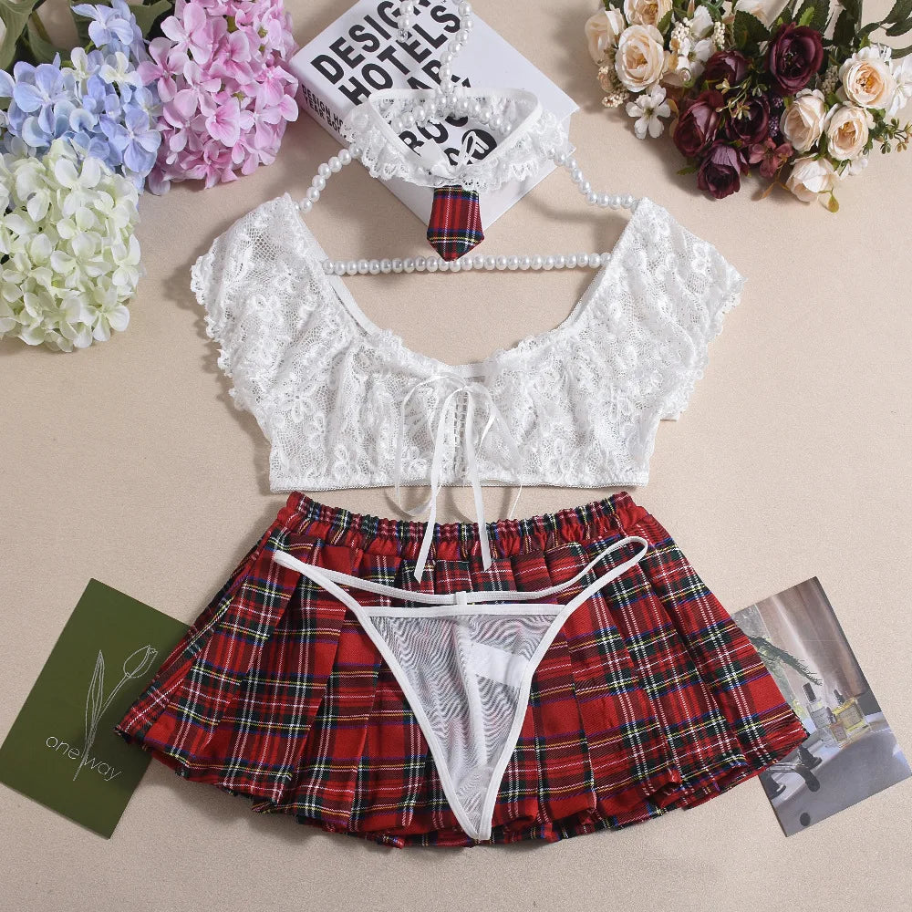 Toucheart Lingerie Suit Lace Mesh See-through Lace Up Top Plaid Pleated Skirt Halter Underwear Set