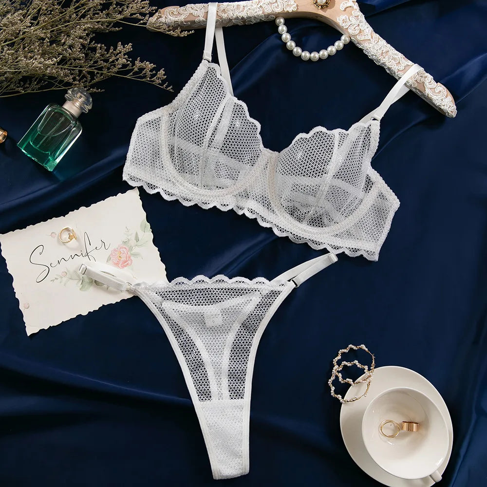 Toucheart Lingerie Suit Lace Mesh Ultra-thin Underwear Comfortable Bra Set with Steel Rings Underwear
