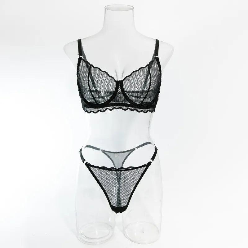 Toucheart Lingerie Suit Lace Mesh Ultra-thin Underwear Comfortable Bra Set with Steel Rings Underwear