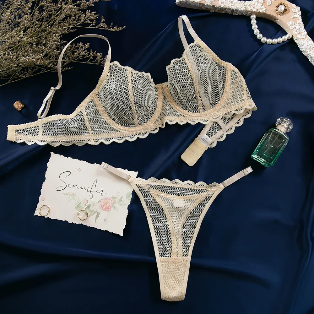 Toucheart Lingerie Suit Lace Mesh Ultra-thin Underwear Comfortable Bra Set with Steel Rings Underwear