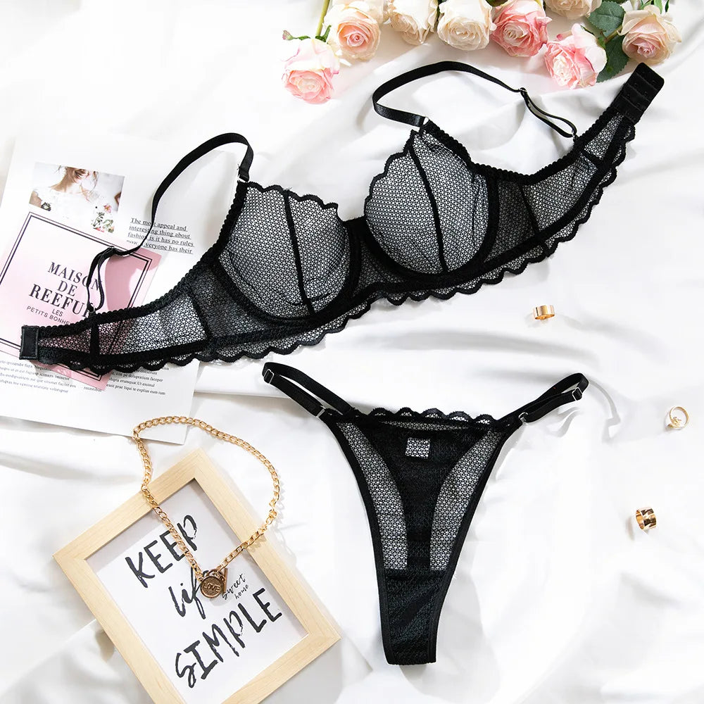 Toucheart Lingerie Suit Lace Mesh Ultra-thin Underwear Comfortable Bra Set with Steel Rings Underwear