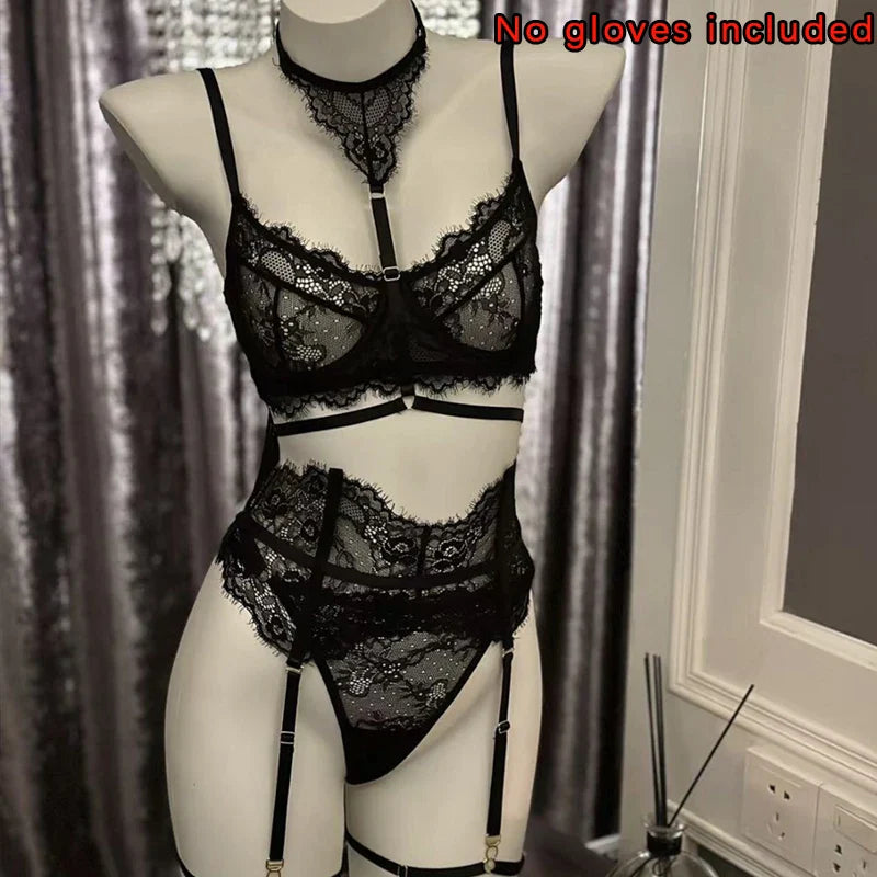 Toucheart Lingerie Suit Lace Halter Bra Set Solid Color Mesh See-through Garters Underwear Set