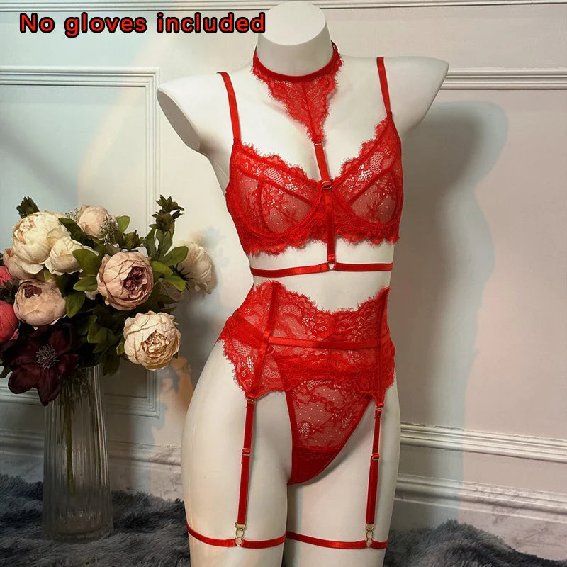 Toucheart Lingerie Suit Lace Halter Bra Set Solid Color Mesh See-through Garters Underwear Set