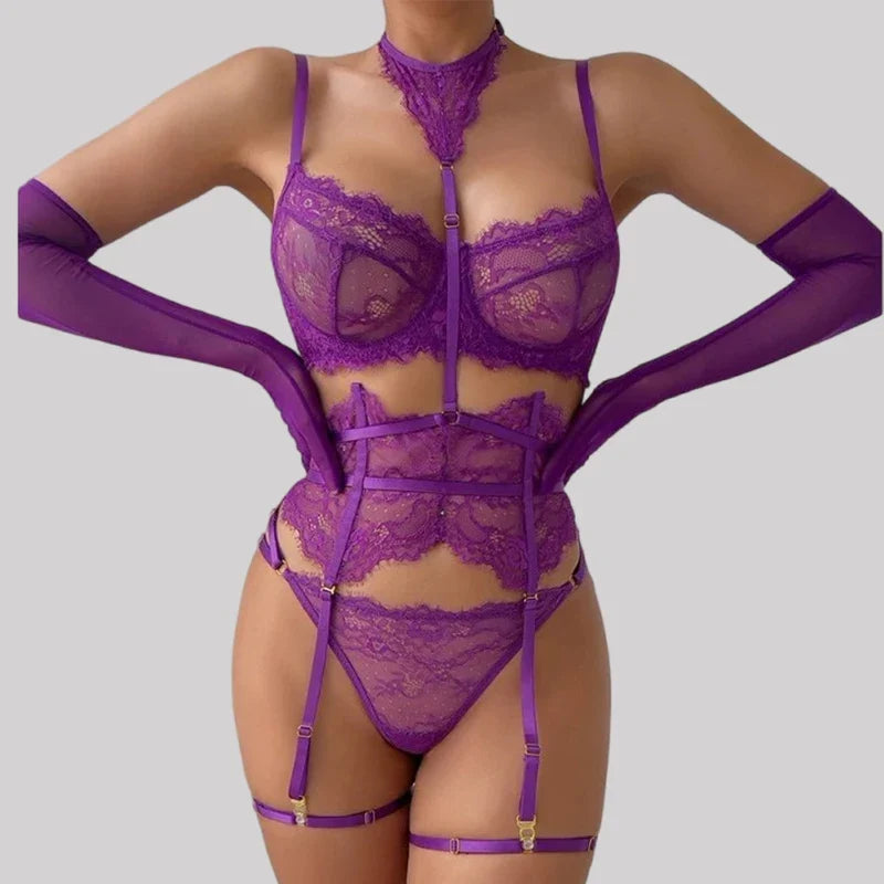 Toucheart Lingerie Suit Lace Halter Bra Set Solid Color Mesh See-through Garters Underwear Set