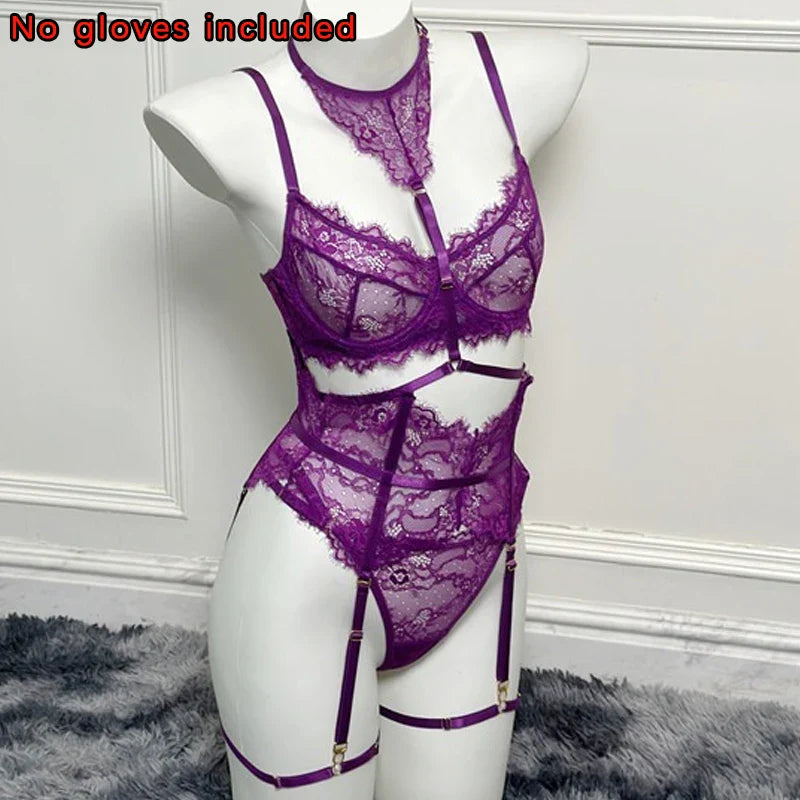 Toucheart Lingerie Suit Lace Halter Bra Set Solid Color Mesh See-through Garters Underwear Set