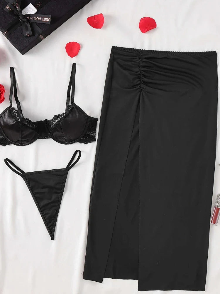Toucheart Lingerie Suit Lace Mesh See-through Bra Underwear Slit Skirt Set Lingerie 3-piece Set