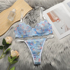 Toucheart Lingerie Suit Lace Mesh See-through Gathering Bra Set Thin Cup Colorful Lingerie Suit