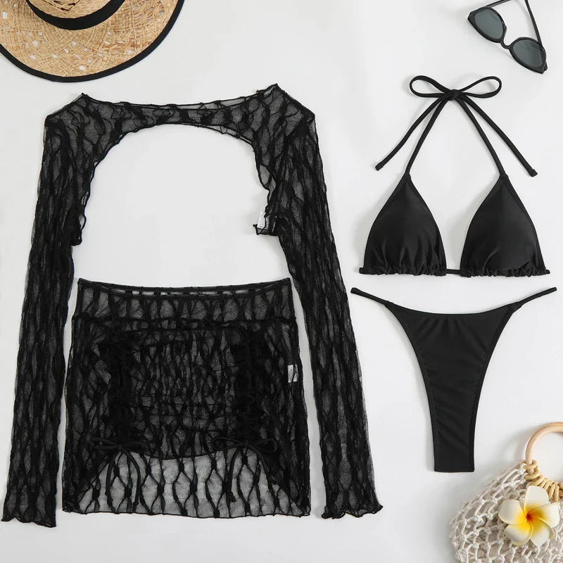 Toucheart Lingerie Suit Mesh Four-piece Beach Swimsuit Bikini Solid Color Long Sleeves Mesh See-through Set