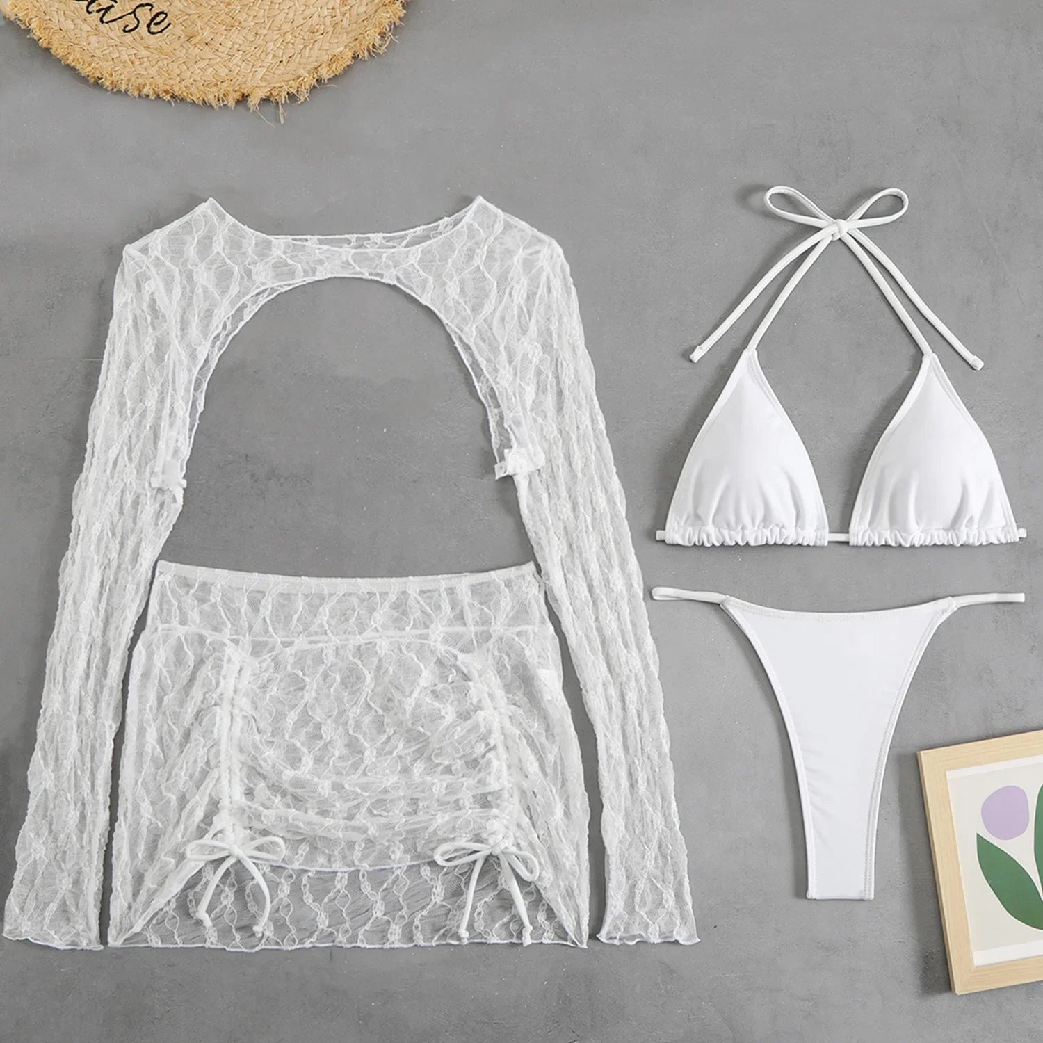 Toucheart Lingerie Suit Mesh Four-piece Beach Swimsuit Bikini Solid Color Long Sleeves Mesh See-through Set