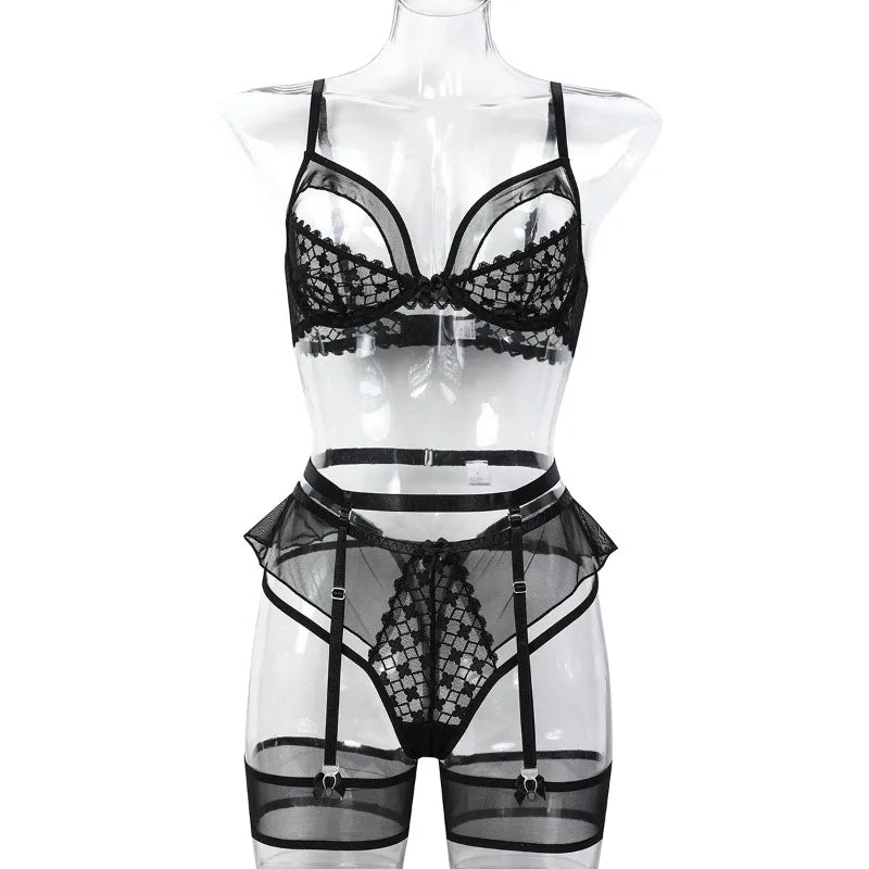 Toucheart Lingerie Suit Mesh See-through Underwear 3-piece Set Garters Underwear Suit