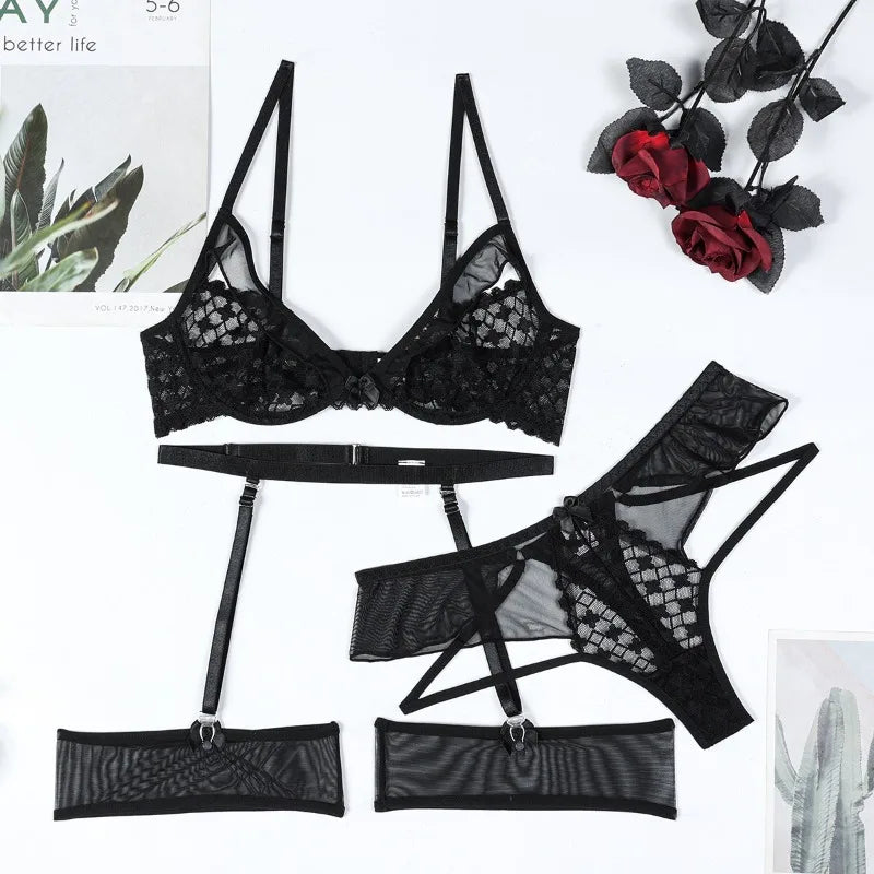 Toucheart Lingerie Suit Mesh See-through Underwear 3-piece Set Garters Underwear Suit