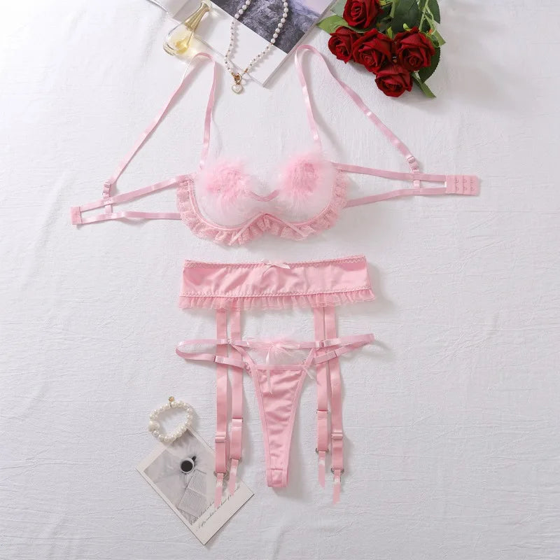 Toucheart Lingerie Suit Mesh Perspective Splicing Feather Solid Color Garters Lingerie 3-piece Set