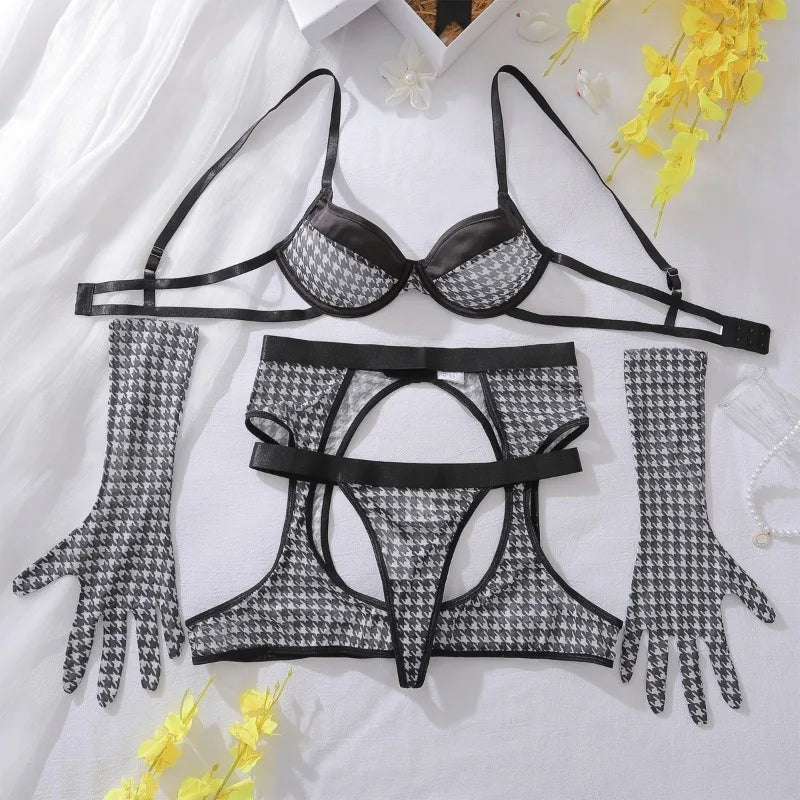 Toucheart Lingerie Suit Bra Set Plaid Lingerie Four-piece Set Underwear Set