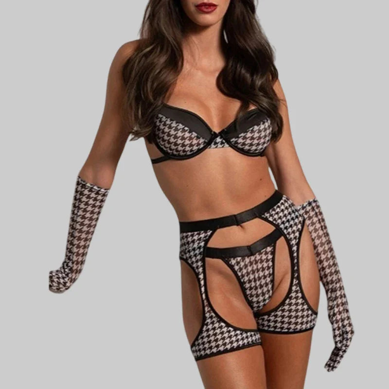 Toucheart Lingerie Suit Bra Set Plaid Lingerie Four-piece Set Underwear Set