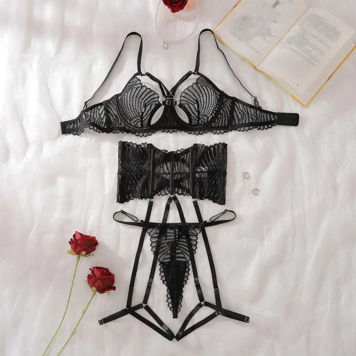 Toucheart Lingerie Suit Bra Set Mesh Perspective Pure Desire Temptation Underwear 3-piece Set