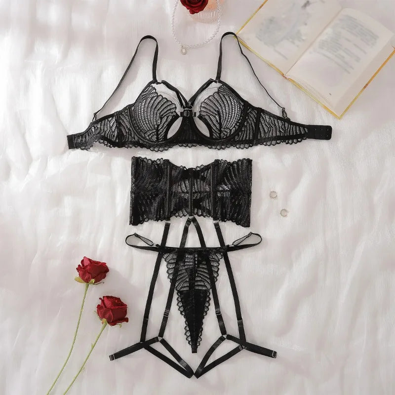Toucheart Lingerie Suit Bra Set Mesh Perspective Pure Desire Temptation Underwear 3-piece Set