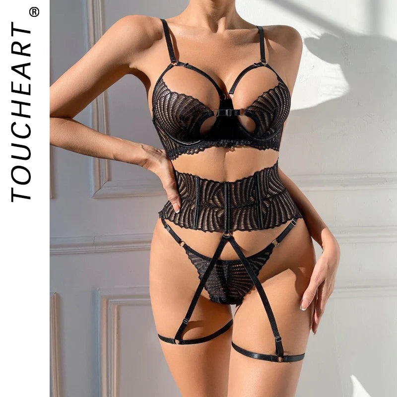 Toucheart Lingerie Suit Bra Set Mesh Perspective Pure Desire Temptation Underwear 3-piece Set