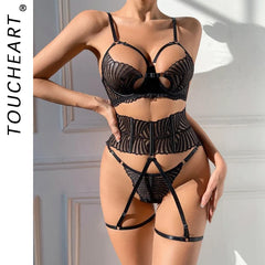 Toucheart Lingerie Suit Bra Set Mesh Perspective Pure Desire Temptation Underwear 3-piece Set