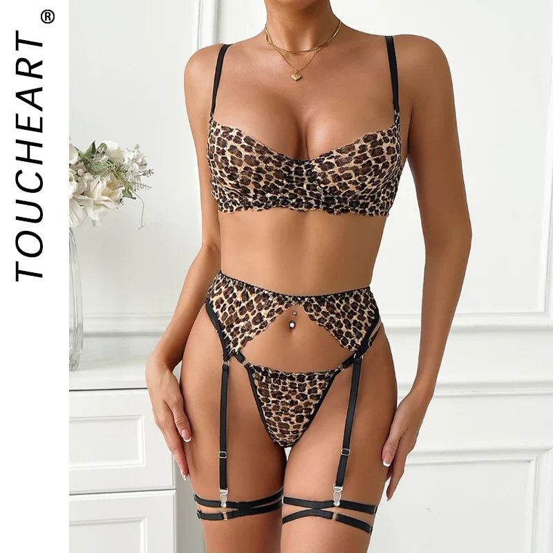 Toucheart Lingerie Suit Leopard Print Perspective Bra Thong Four-piece Set European American Lingerie