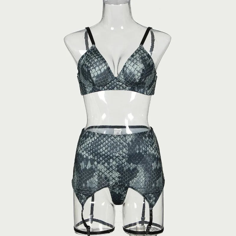 Toucheart Lingerie Suit Snake Print Garters Underwear 4-piece Set Exotic Fancy Underwear Uniform Set