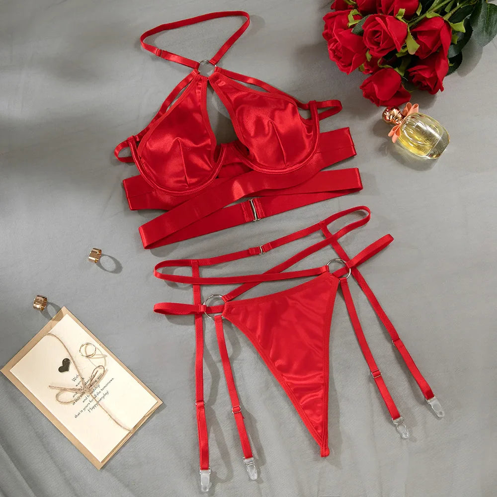Toucheart Lingerie Suit Underwear Steel Ring Webbing Splicing Cross Temptation Gathering Thong Sex Suit