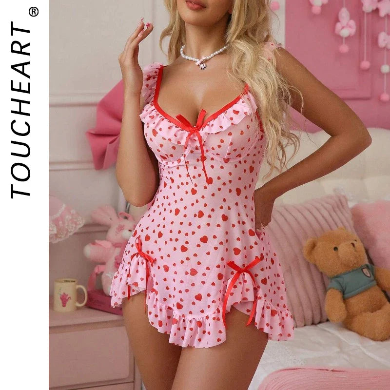 Toucheart Lingerie Suit Sling Nightgown Pink Love Print Cute Sweet Pure Pajamas Thong Night Dress