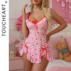 Toucheart Lingerie Suit Sling Nightgown Pink Love Print Cute Sweet Pure Pajamas Thong Night Dress