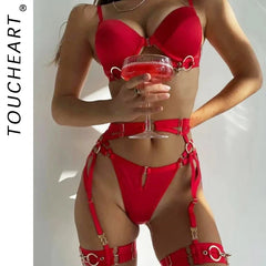 Toucheart Lingerie Suit with Steel Rings Super Metal Punk Style Complex Niche Design Showing Off Body Bra Set