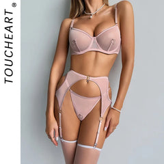 Toucheart Lingerie Super Stretchy Mesh Solid Color See-through GatherSlim Plunge Underwear Set