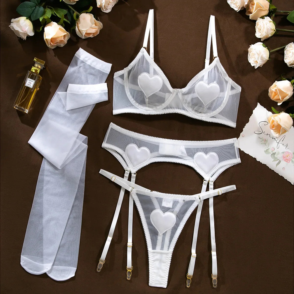 Toucheart Lingerie Undies Solid Color Mesh See-through Garters Underwear Suit Stocking Underwear 5-piece Set