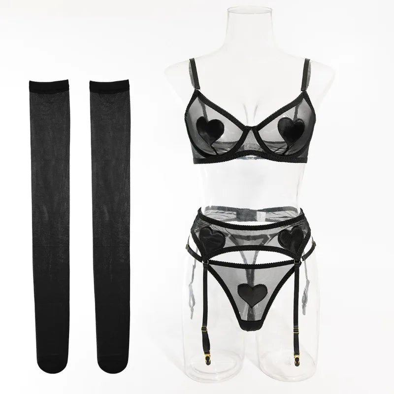 Toucheart Lingerie Undies Solid Color Mesh See-through Garters Underwear Suit Stocking Underwear 5-piece Set