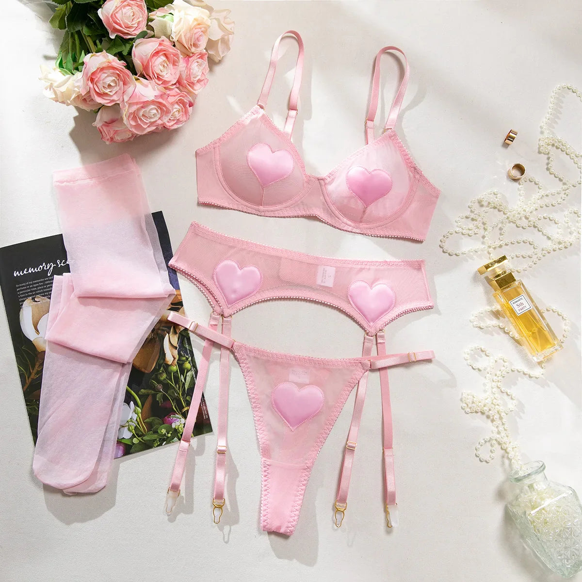 Toucheart Lingerie Undies Solid Color Mesh See-through Garters Underwear Suit Stocking Underwear 5-piece Set