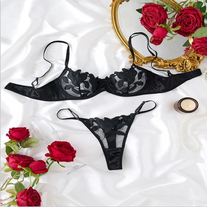 Toucheart Lingerie Lace Transparent Underwear  Embroidery Brief Set Bra Kit Push Up Breves Sets Thin Erotic Bras