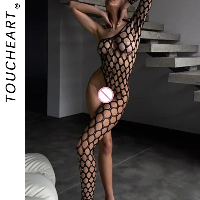 Toucheart Lingerie Jumpsuit Shiny Diamond Fishing Net One-sleeved Leg Jumpsuit See-through Jumpsuit
